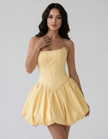 Satin Strapless Structured Bubble Hem Mini Dress for Party, Cocktail, Evening, Summer Events, Wedding Guest Occasions, front | SKU: VM-583741926184705-YELLOW-L,VM-583741926184705-YELLOW-M,VM-583741926184705-YELLOW-S,VM-583741926184705-YELLOW-XL,VM-583741926184705-YELLOW-XS