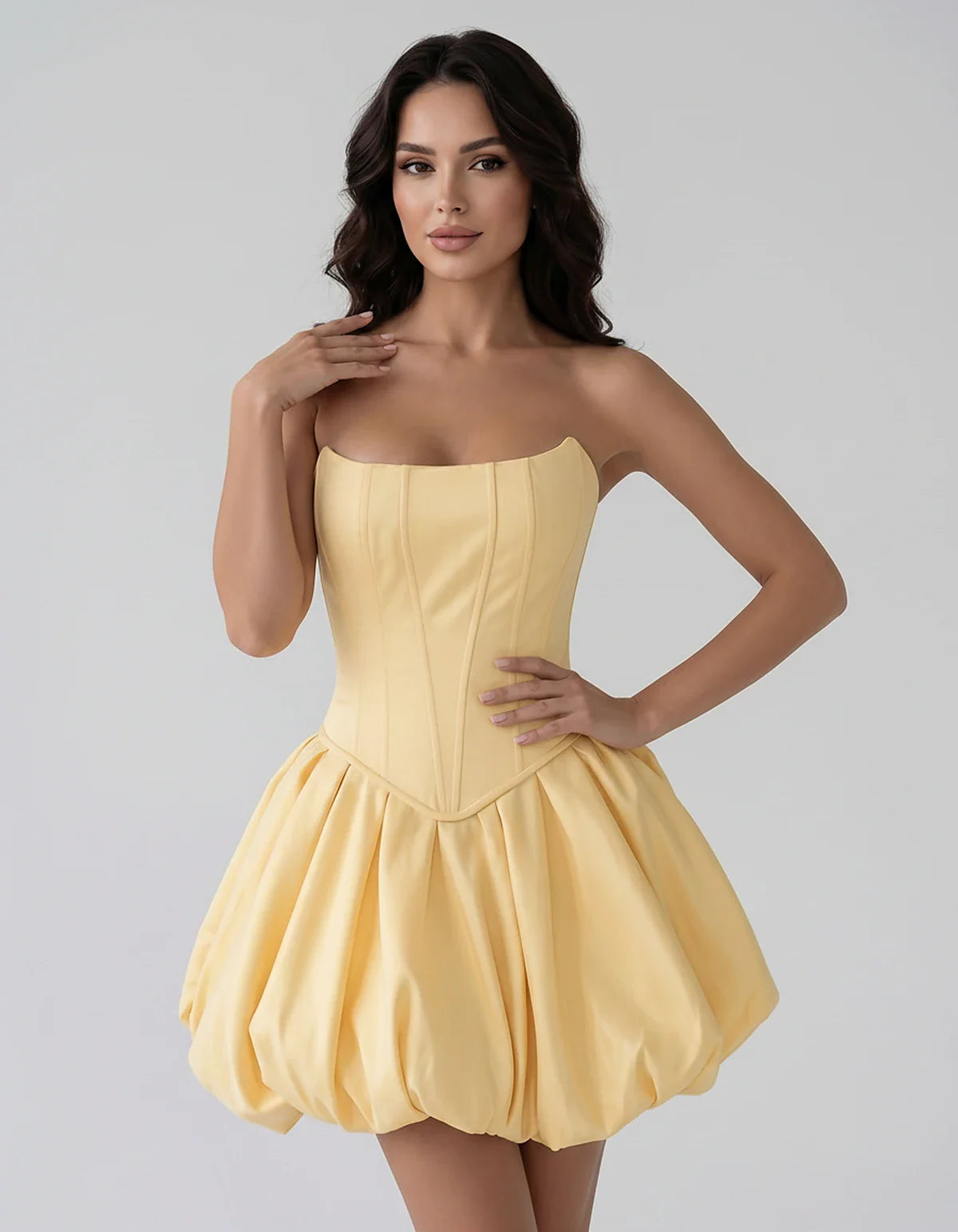 Satin Strapless Structured Bubble Hem Mini Dress for Party, Cocktail, Evening, Summer Events, Wedding Guest Occasions, front | SKU: VM-583741926184705-YELLOW-L,VM-583741926184705-YELLOW-M,VM-583741926184705-YELLOW-S,VM-583741926184705-YELLOW-XL,VM-583741926184705-YELLOW-XS