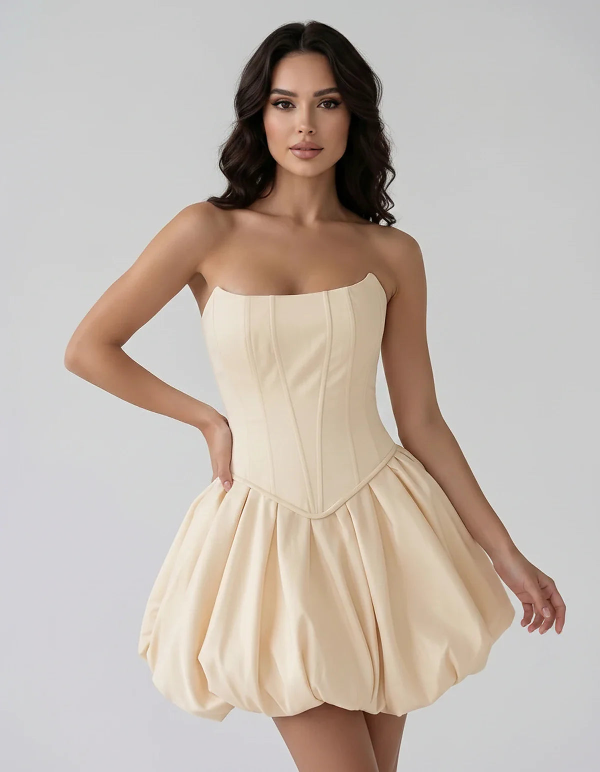 Satin Strapless Structured Bubble Hem Mini Dress for Party, Cocktail, Evening, Summer Events, Wedding Guest Occasions, front | SKU: VM-583741926184705-BEIGE-L,VM-583741926184705-BEIGE-M,VM-583741926184705-BEIGE-S,VM-583741926184705-BEIGE-XL,VM-583741926184705-BEIGE-XS