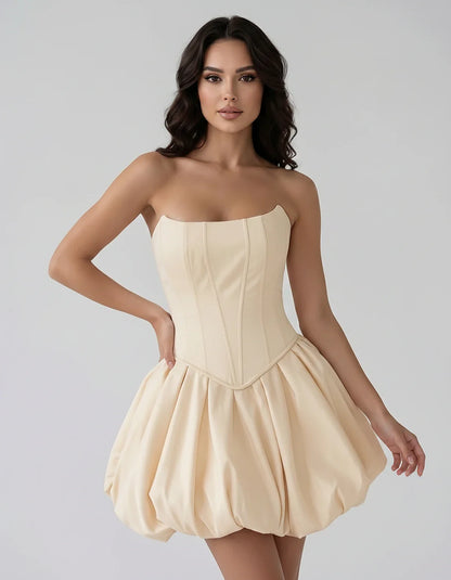 Satin Strapless Structured Bubble Hem Mini Dress for Party, Cocktail, Evening, Summer Events, Wedding Guest Occasions, front | SKU: VM-583741926184705-BEIGE-L,VM-583741926184705-BEIGE-M,VM-583741926184705-BEIGE-S,VM-583741926184705-BEIGE-XL,VM-583741926184705-BEIGE-XS