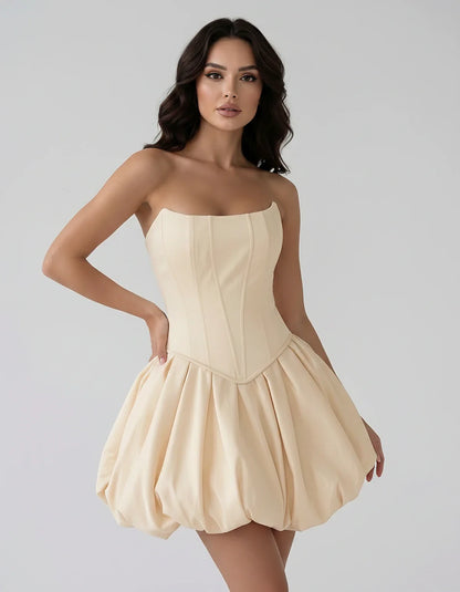 Satin Strapless Structured Bubble Hem Mini Dress for Party, Cocktail, Evening, Summer Events, Wedding Guest Occasions, front | SKU: VM-583741926184705-BEIGE-L,VM-583741926184705-BEIGE-M,VM-583741926184705-BEIGE-S,VM-583741926184705-BEIGE-XL,VM-583741926184705-BEIGE-XS