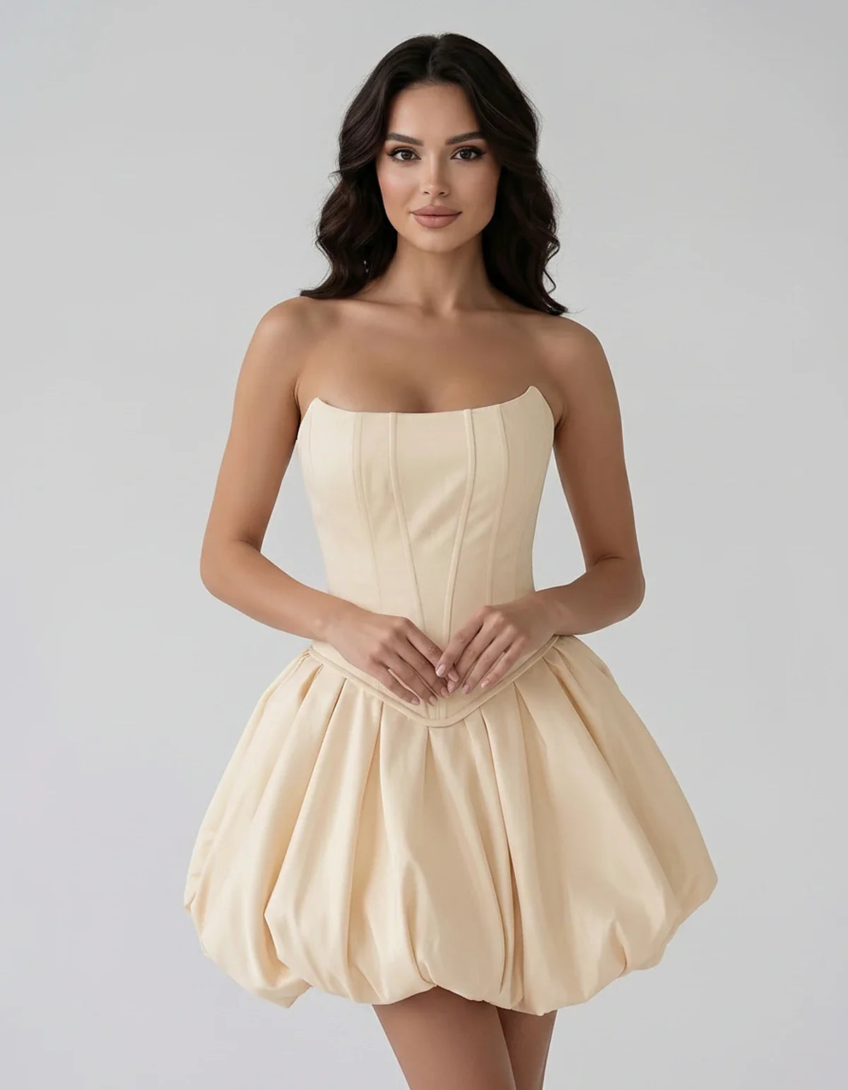Satin Strapless Structured Bubble Hem Mini Dress for Party, Cocktail, Evening, Summer Events, Wedding Guest Occasions, front | SKU: VM-583741926184705-BEIGE-L,VM-583741926184705-BEIGE-M,VM-583741926184705-BEIGE-S,VM-583741926184705-BEIGE-XL,VM-583741926184705-BEIGE-XS