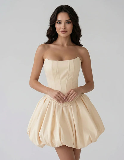 Satin Strapless Structured Bubble Hem Mini Dress for Party, Cocktail, Evening, Summer Events, Wedding Guest Occasions, front | SKU: VM-583741926184705-BEIGE-L,VM-583741926184705-BEIGE-M,VM-583741926184705-BEIGE-S,VM-583741926184705-BEIGE-XL,VM-583741926184705-BEIGE-XS