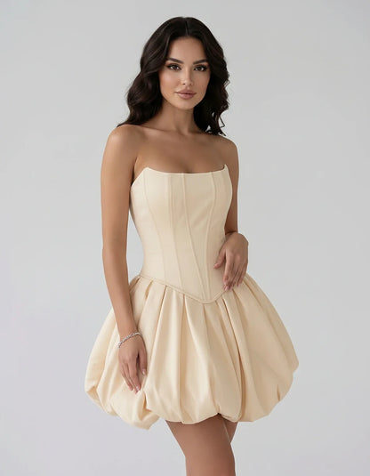 Satin Strapless Structured Bubble Hem Mini Dress for Party, Cocktail, Evening, Summer Events, Wedding Guest Occasions, front | SKU: VM-583741926184705-BEIGE-L,VM-583741926184705-BEIGE-M,VM-583741926184705-BEIGE-S,VM-583741926184705-BEIGE-XL,VM-583741926184705-BEIGE-XS