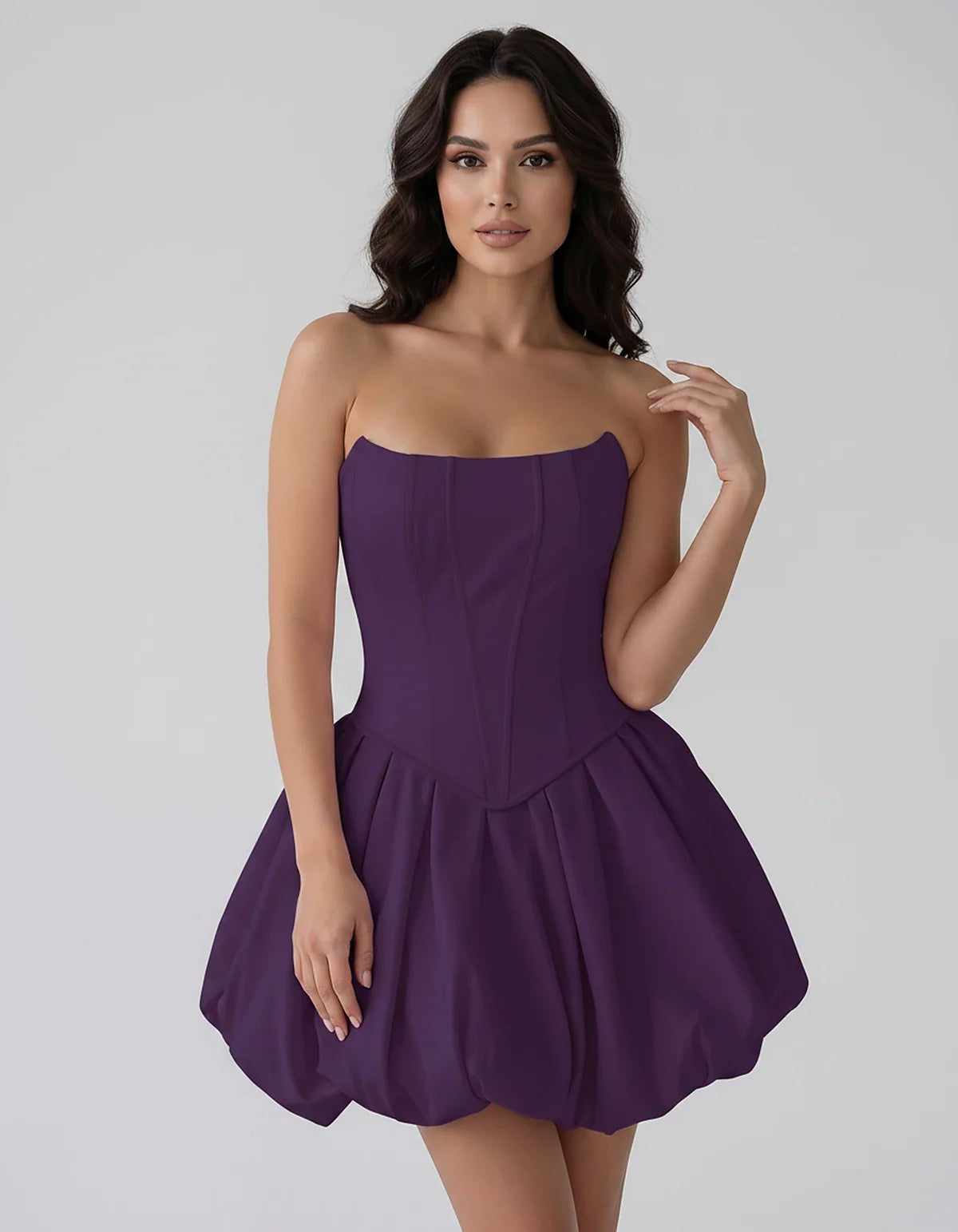 Satin Strapless Structured Bubble Hem Mini Dress for Party, Cocktail, Evening, Summer Events, Wedding Guest Occasions, front | SKU: VM-583741926184705-PURPLE-L,VM-583741926184705-PURPLE-M,VM-583741926184705-PURPLE-S,VM-583741926184705-PURPLE-XL,VM-583741926184705-PURPLE-XS