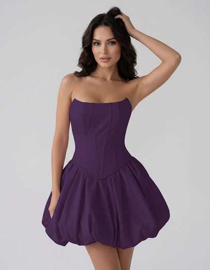 Satin Strapless Structured Bubble Hem Mini Dress for Party, Cocktail, Evening, Summer Events, Wedding Guest Occasions, front | SKU: VM-583741926184705-PURPLE-L,VM-583741926184705-PURPLE-M,VM-583741926184705-PURPLE-S,VM-583741926184705-PURPLE-XL,VM-583741926184705-PURPLE-XS