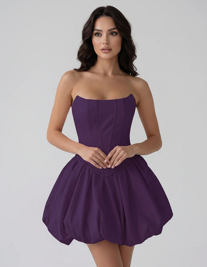 Satin Strapless Structured Bubble Hem Mini Dress for Party, Cocktail, Evening, Summer Events, Wedding Guest Occasions, front | SKU: VM-583741926184705-PURPLE-L,VM-583741926184705-PURPLE-M,VM-583741926184705-PURPLE-S,VM-583741926184705-PURPLE-XL,VM-583741926184705-PURPLE-XS