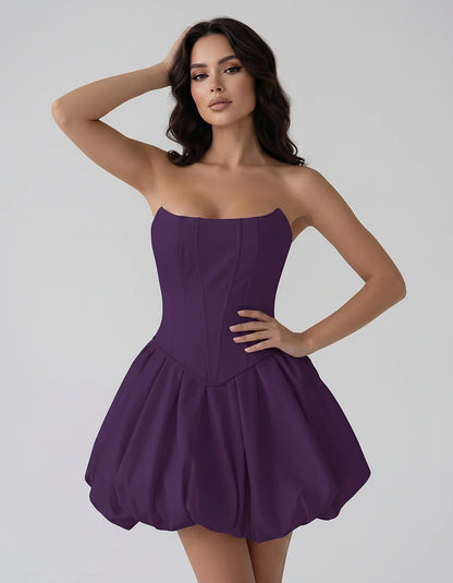 Satin Strapless Structured Bubble Hem Mini Dress for Party, Cocktail, Evening, Summer Events, Wedding Guest Occasions, front | SKU: VM-583741926184705-PURPLE-L,VM-583741926184705-PURPLE-M,VM-583741926184705-PURPLE-S,VM-583741926184705-PURPLE-XL,VM-583741926184705-PURPLE-XS