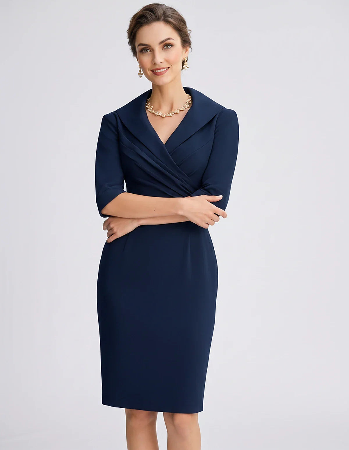 Satin-Feel Three-Quarter Sleeve Suit Collar V-Neck Fitted Waist Mini Dress for Party, Cocktail, Evening, Summer & Wedding Gue | SKU: VMD-583920471658324-NAVY-L,VMD-583920471658324-NAVY-M,VMD-583920471658324-NAVY-S,VMD-583920471658324-NAVY-XL,VMD-583920471658324-NAVY-XS