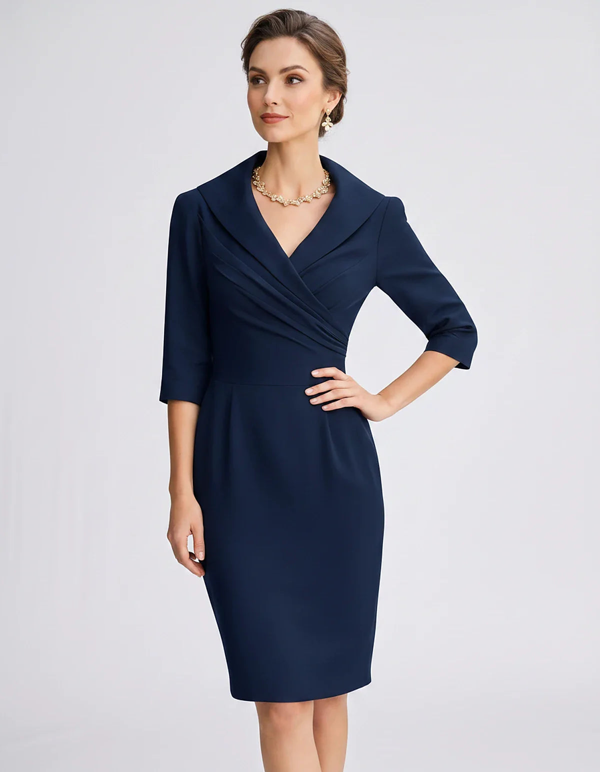 Satin-Feel Three-Quarter Sleeve Suit Collar V-Neck Fitted Waist Mini Dress for Party, Cocktail, Evening, Summer & Wedding Gue | SKU: VMD-583920471658324-NAVY-L,VMD-583920471658324-NAVY-M,VMD-583920471658324-NAVY-S,VMD-583920471658324-NAVY-XL,VMD-583920471658324-NAVY-XS