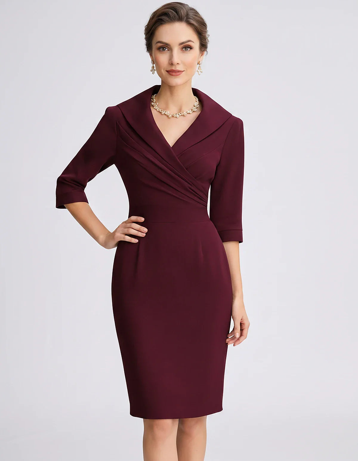 Satin-Feel Three-Quarter Sleeve Suit Collar V-Neck Fitted Waist Mini Dress for Party, Cocktail, Evening, Summer & Wedding Gue | SKU: VMD-583920471658324-WINE-L,VMD-583920471658324-WINE-M,VMD-583920471658324-WINE-S,VMD-583920471658324-WINE-XL,VMD-583920471658324-WINE-XS