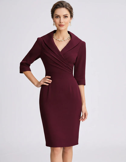 Satin-Feel Three-Quarter Sleeve Suit Collar V-Neck Fitted Waist Mini Dress for Party, Cocktail, Evening, Summer & Wedding Gue | SKU: VMD-583920471658324-WINE-L,VMD-583920471658324-WINE-M,VMD-583920471658324-WINE-S,VMD-583920471658324-WINE-XL,VMD-583920471658324-WINE-XS