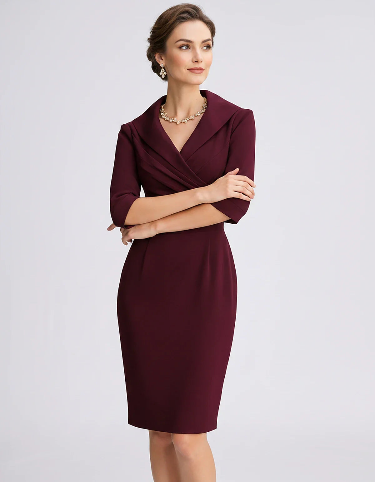 Satin-Feel Three-Quarter Sleeve Suit Collar V-Neck Fitted Waist Mini Dress for Party, Cocktail, Evening, Summer & Wedding Gue | SKU: VMD-583920471658324-WINE-L,VMD-583920471658324-WINE-M,VMD-583920471658324-WINE-S,VMD-583920471658324-WINE-XL,VMD-583920471658324-WINE-XS