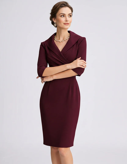 Satin-Feel Three-Quarter Sleeve Suit Collar V-Neck Fitted Waist Mini Dress for Party, Cocktail, Evening, Summer & Wedding Gue | SKU: VMD-583920471658324-WINE-L,VMD-583920471658324-WINE-M,VMD-583920471658324-WINE-S,VMD-583920471658324-WINE-XL,VMD-583920471658324-WINE-XS