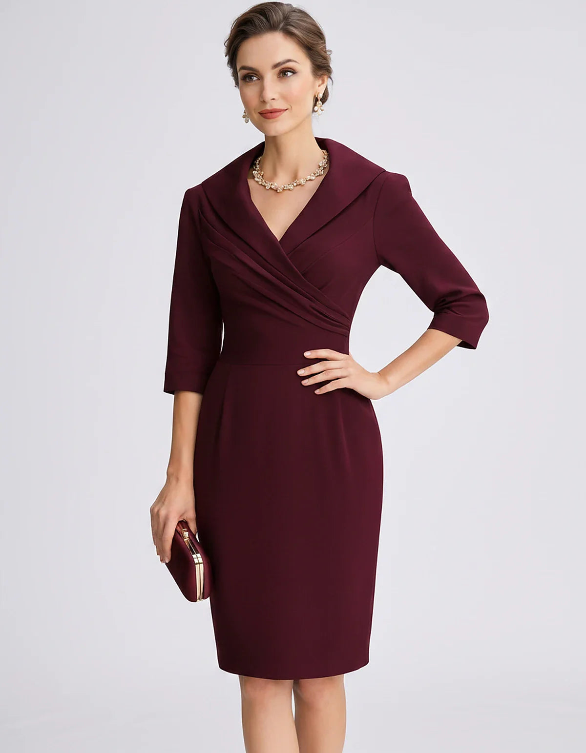 Satin-Feel Three-Quarter Sleeve Suit Collar V-Neck Fitted Waist Mini Dress for Party, Cocktail, Evening, Summer & Wedding Gue | SKU: VMD-583920471658324-WINE-L,VMD-583920471658324-WINE-M,VMD-583920471658324-WINE-S,VMD-583920471658324-WINE-XL,VMD-583920471658324-WINE-XS