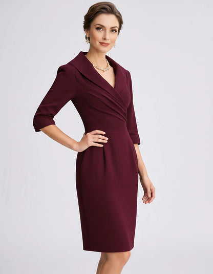 Satin-Feel Three-Quarter Sleeve Suit Collar V-Neck Fitted Waist Mini Dress for Party, Cocktail, Evening, Summer & Wedding Gue | SKU: VMD-583920471658324-WINE-L,VMD-583920471658324-WINE-M,VMD-583920471658324-WINE-S,VMD-583920471658324-WINE-XL,VMD-583920471658324-WINE-XS