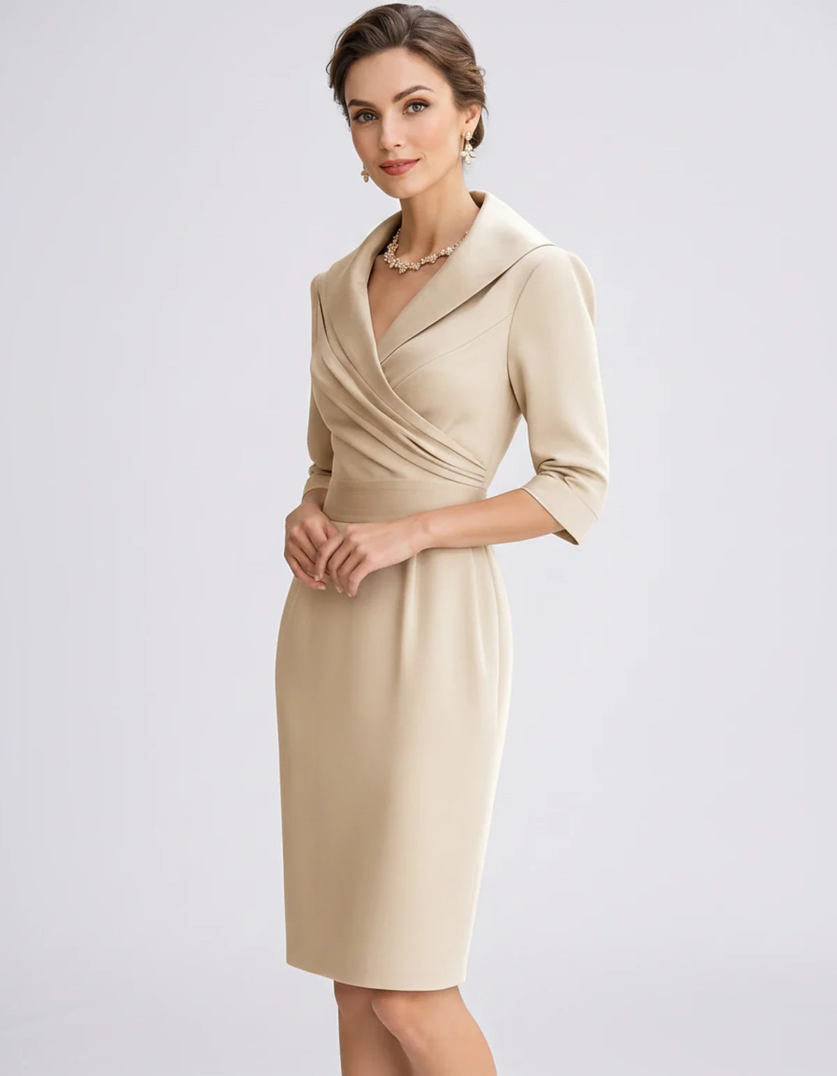 Satin-Feel Three-Quarter Sleeve Suit Collar V-Neck Fitted Waist Mini Dress for Party, Cocktail, Evening, Summer & Wedding Gue | SKU: VMD-583920471658324-BEIGE-L,VMD-583920471658324-BEIGE-M,VMD-583920471658324-BEIGE-S,VMD-583920471658324-BEIGE-XL,VMD-583920471658324-BEIGE-XS