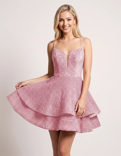 Velvet Sequin Spaghetti Strap Sweetheart V-Neck Tiered A-Line Mini Dress for Homecoming, Party, Cocktail, Evening & Wedding G