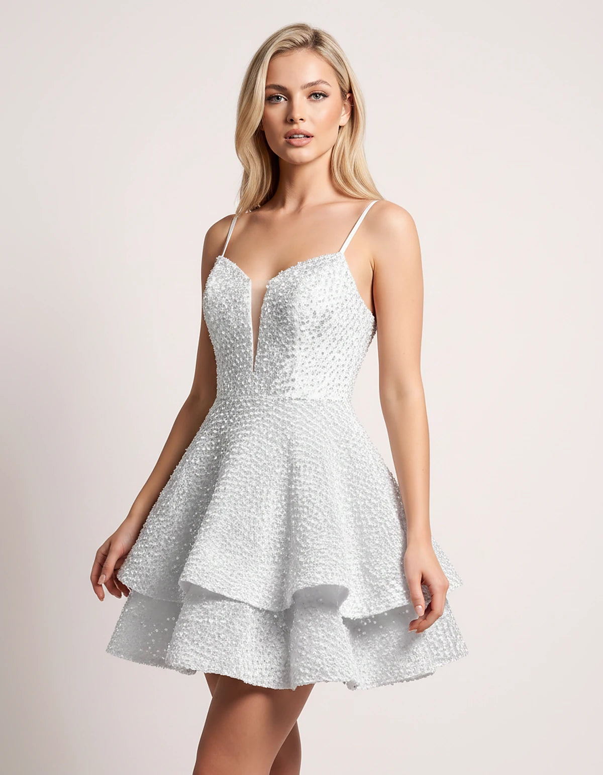Velvet Sequin Spaghetti Strap Sweetheart V-Neck Tiered A-Line Mini Dress for Homecoming, Party, Cocktail, Evening & Wedding G