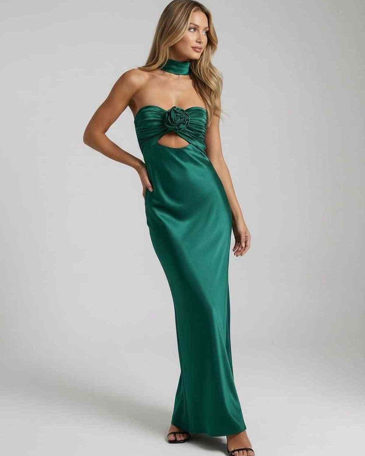 Verde Maxi Dress – Elegant emerald satin gown with unique chest-wrapping detail from RAMBLION.