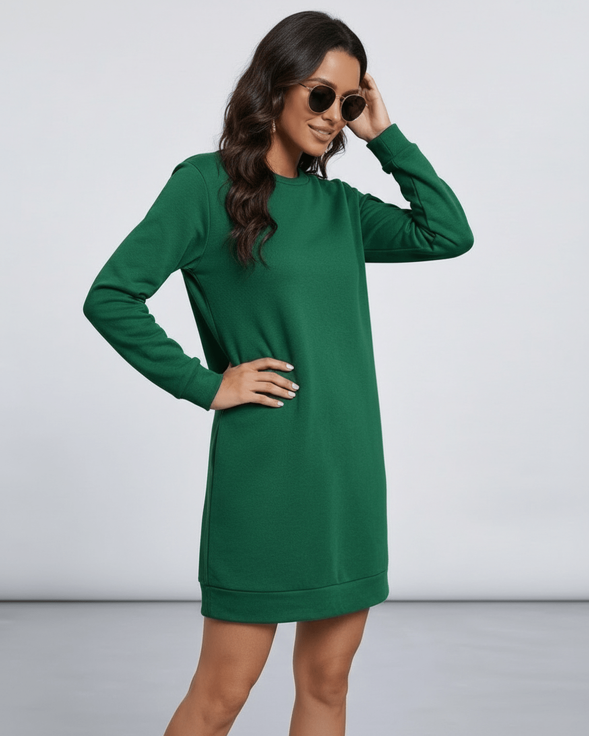 Verde Mini Dress by RAMBLION, emerald green, crew neck, long sleeves, perfect for casual occasions.