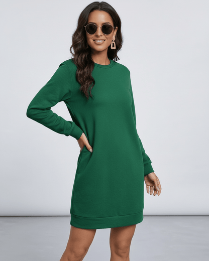 Verde Mini Dress in rich emerald green, crew neck, long sleeves, perfect for casual occasions, by RAMBLION.