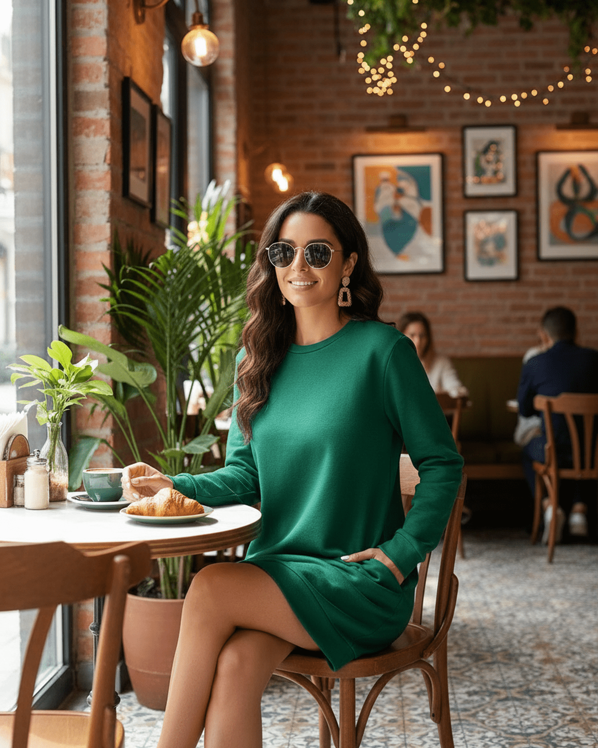 Verde Mini Dress by RAMBLION in emerald green, crew neck, casual style, perfect for brunch and relaxed outings.