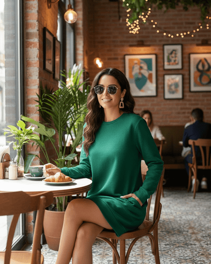 Verde Mini Dress by RAMBLION in emerald green, crew neck, casual style, perfect for brunch and relaxed outings.