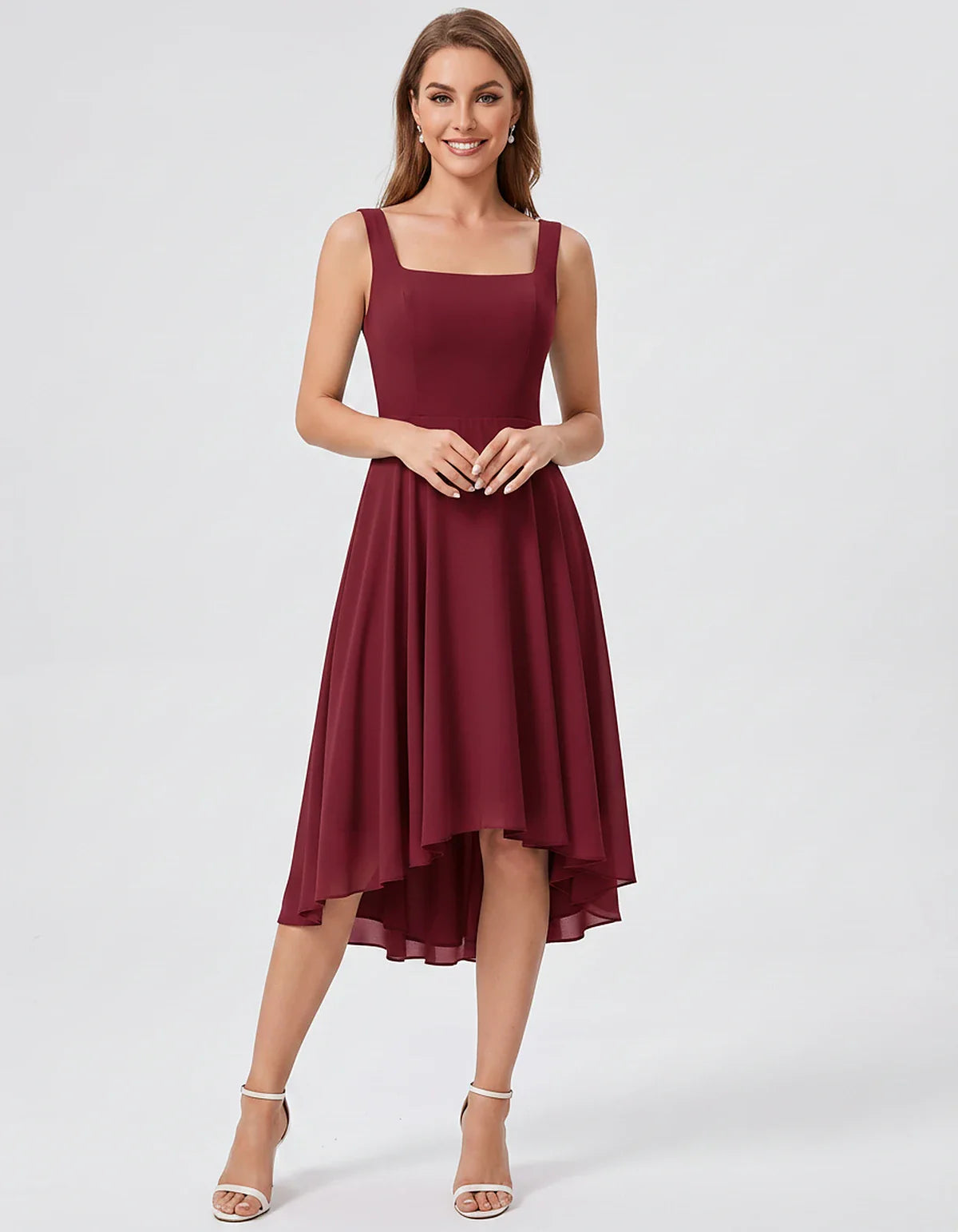 Polyester Chiffon Sleeveless Strapless A-Line Midi Dress for Party, Cocktail, Evening, Wedding Guest, Summer Events & Vacatio | SKU: VD-684275913548126-BURGUNDY-L,VD-684275913548126-BURGUNDY-M,VD-684275913548126-BURGUNDY-S,VD-684275913548126-BURGUNDY-XL,VD-684275913548126-BURGUNDY-XS