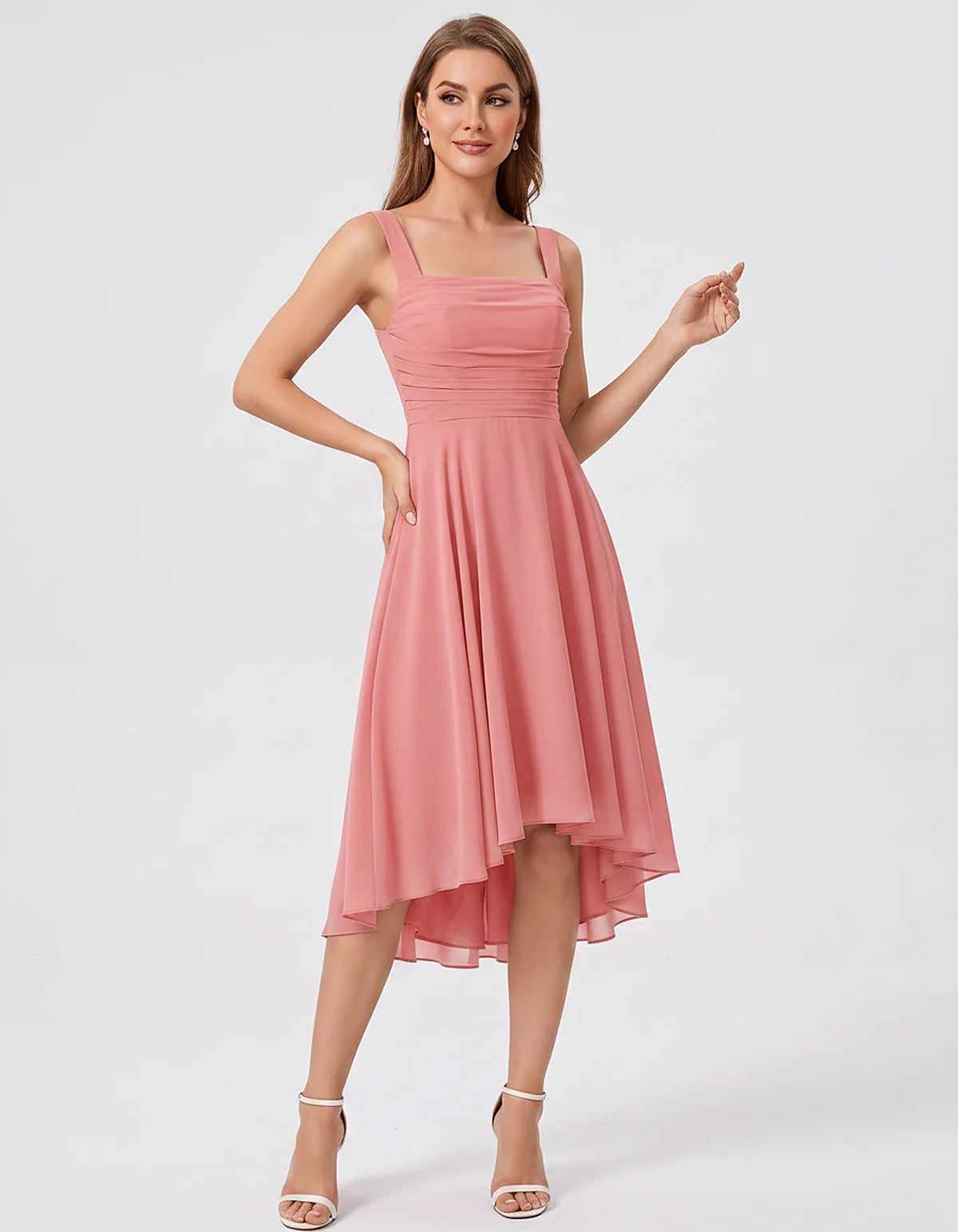 Polyester Chiffon Sleeveless Strapless A-Line Midi Dress for Party, Cocktail, Evening, Wedding Guest, Summer Events & Vacatio | SKU: VD-684275913548126-CORAL-L,VD-684275913548126-CORAL-M,VD-684275913548126-CORAL-S,VD-684275913548126-CORAL-XL,VD-684275913548126-CORAL-XS