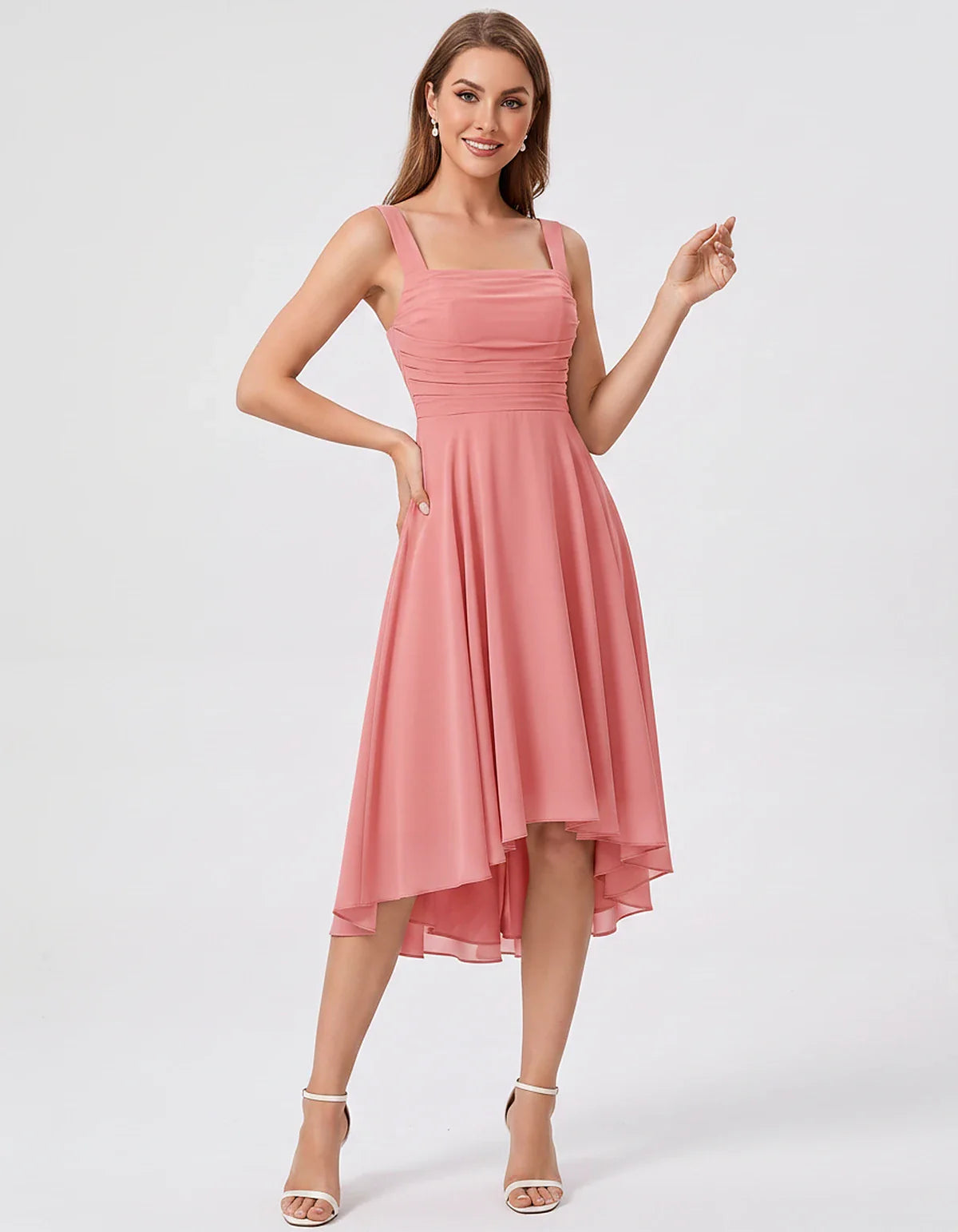 Polyester Chiffon Sleeveless Strapless A-Line Midi Dress for Party, Cocktail, Evening, Wedding Guest, Summer Events & Vacatio | SKU: VD-684275913548126-CORAL-L,VD-684275913548126-CORAL-M,VD-684275913548126-CORAL-S,VD-684275913548126-CORAL-XL,VD-684275913548126-CORAL-XS