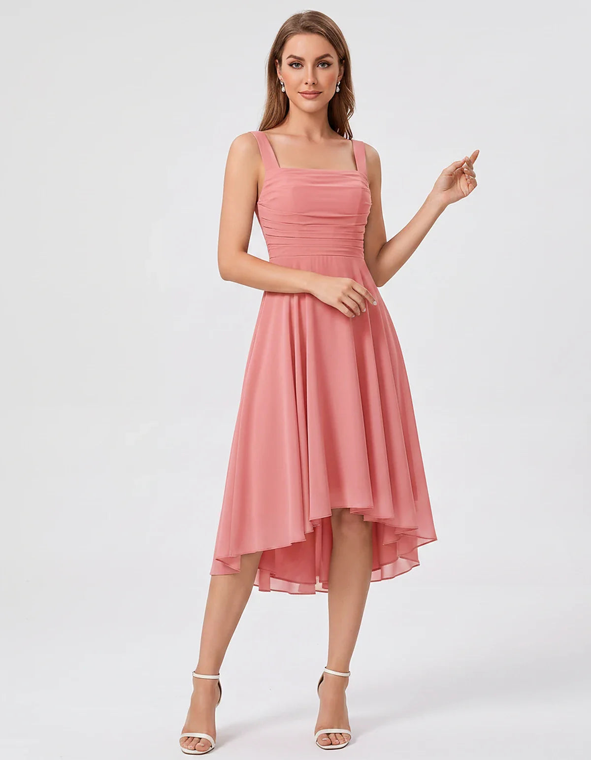 Polyester Chiffon Sleeveless Strapless A-Line Midi Dress for Party, Cocktail, Evening, Wedding Guest, Summer Events & Vacatio | SKU: VD-684275913548126-CORAL-L,VD-684275913548126-CORAL-M,VD-684275913548126-CORAL-S,VD-684275913548126-CORAL-XL,VD-684275913548126-CORAL-XS