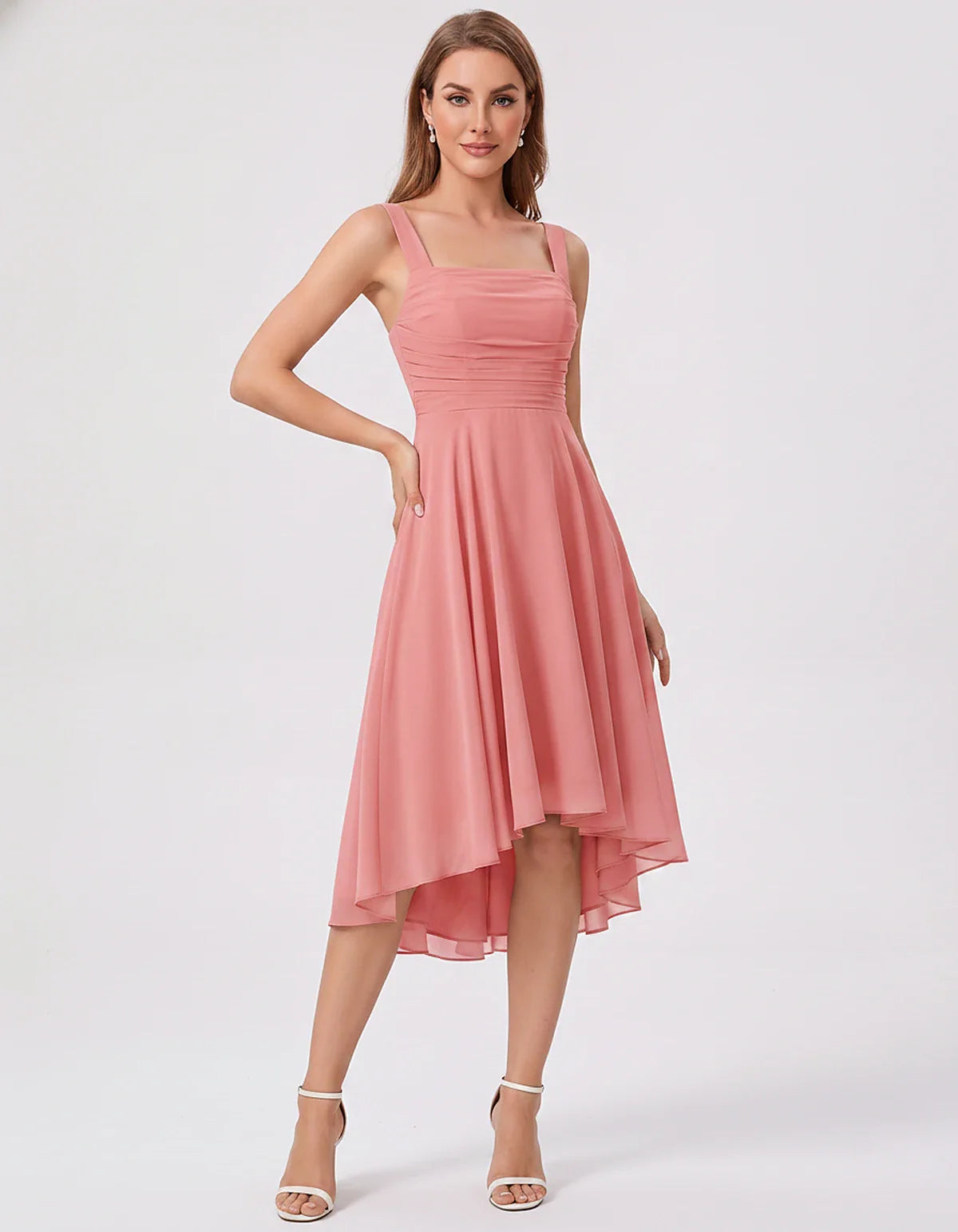 Polyester Chiffon Sleeveless Strapless A-Line Midi Dress for Party, Cocktail, Evening, Wedding Guest, Summer Events & Vacatio | SKU: VD-684275913548126-CORAL-L,VD-684275913548126-CORAL-M,VD-684275913548126-CORAL-S,VD-684275913548126-CORAL-XL,VD-684275913548126-CORAL-XS