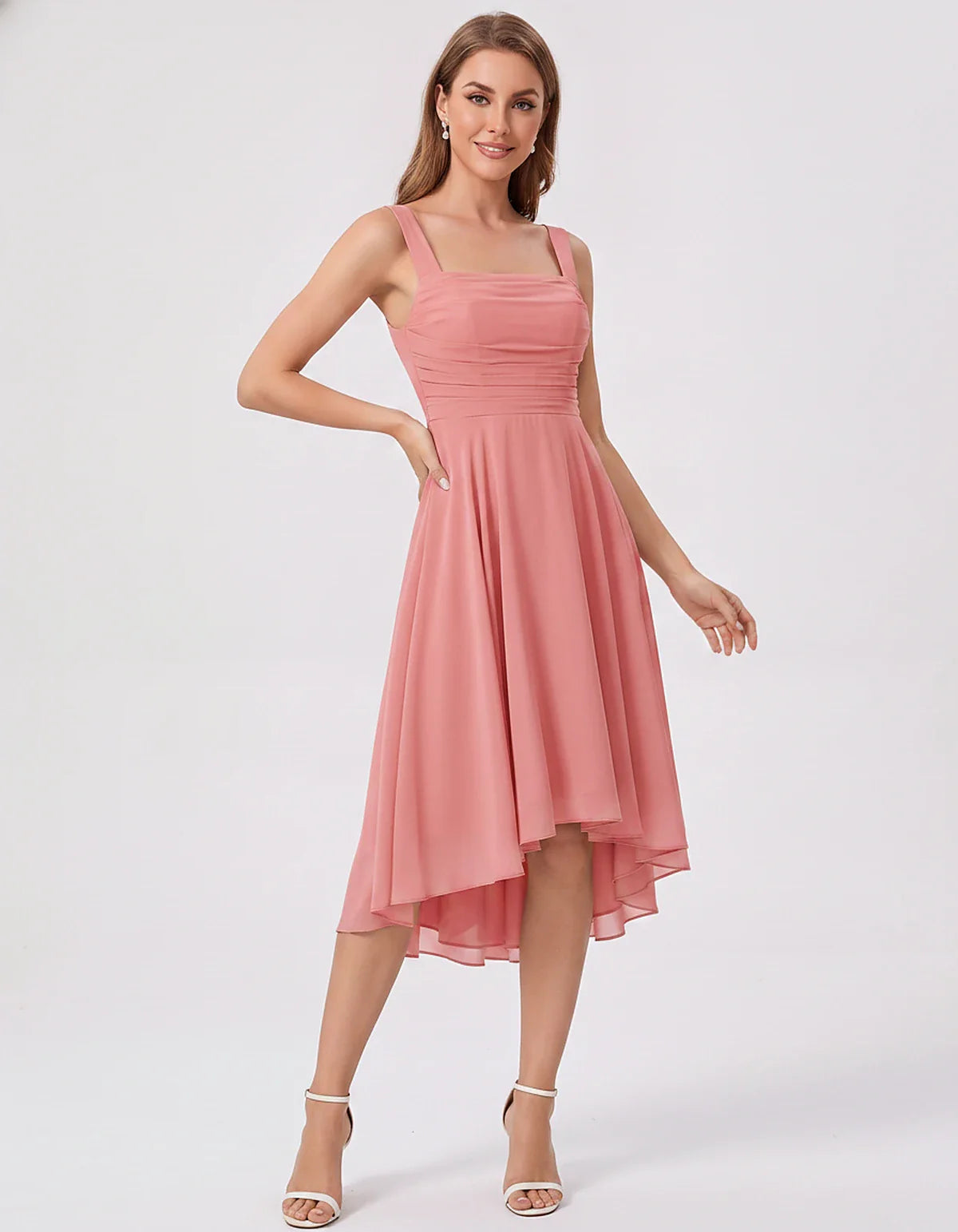 Polyester Chiffon Sleeveless Strapless A-Line Midi Dress for Party, Cocktail, Evening, Wedding Guest, Summer Events & Vacatio | SKU: VD-684275913548126-CORAL-L,VD-684275913548126-CORAL-M,VD-684275913548126-CORAL-S,VD-684275913548126-CORAL-XL,VD-684275913548126-CORAL-XS