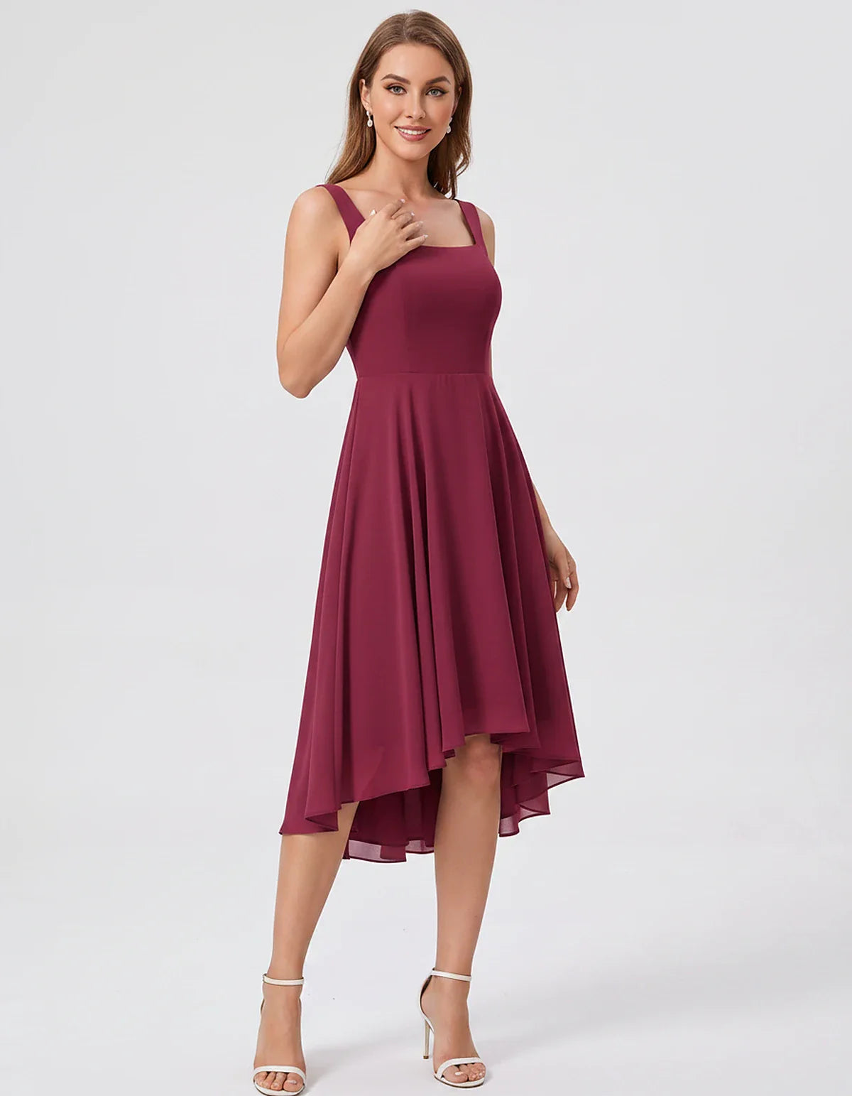 Polyester Chiffon Sleeveless Strapless A-Line Midi Dress for Party, Cocktail, Evening, Wedding Guest, Summer Events & Vacatio | SKU: VD-684275913548126-WINE-L,VD-684275913548126-WINE-M,VD-684275913548126-WINE-S,VD-684275913548126-WINE-XL,VD-684275913548126-WINE-XS