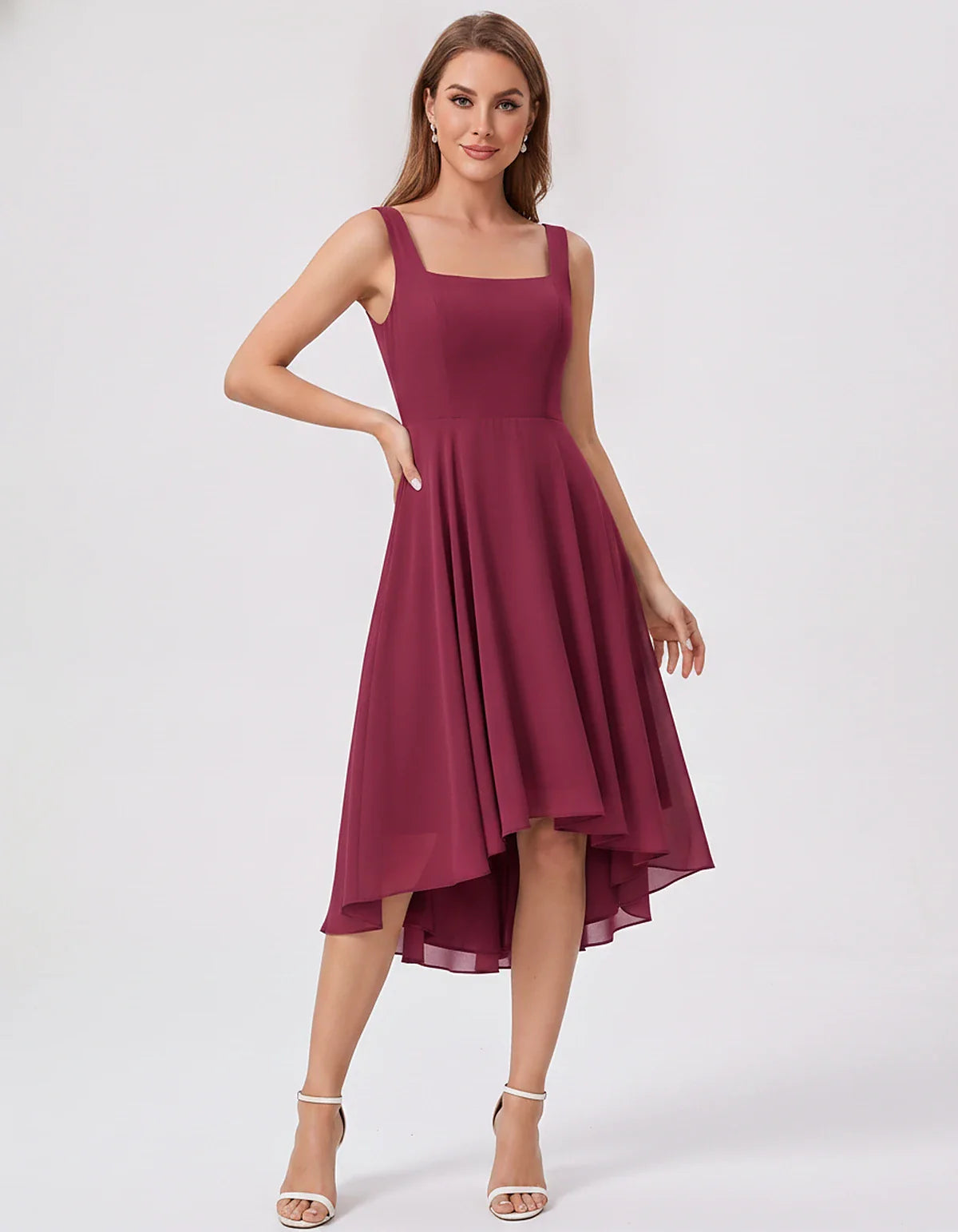 Polyester Chiffon Sleeveless Strapless A-Line Midi Dress for Party, Cocktail, Evening, Wedding Guest, Summer Events & Vacatio | SKU: VD-684275913548126-WINE-L,VD-684275913548126-WINE-M,VD-684275913548126-WINE-S,VD-684275913548126-WINE-XL,VD-684275913548126-WINE-XS