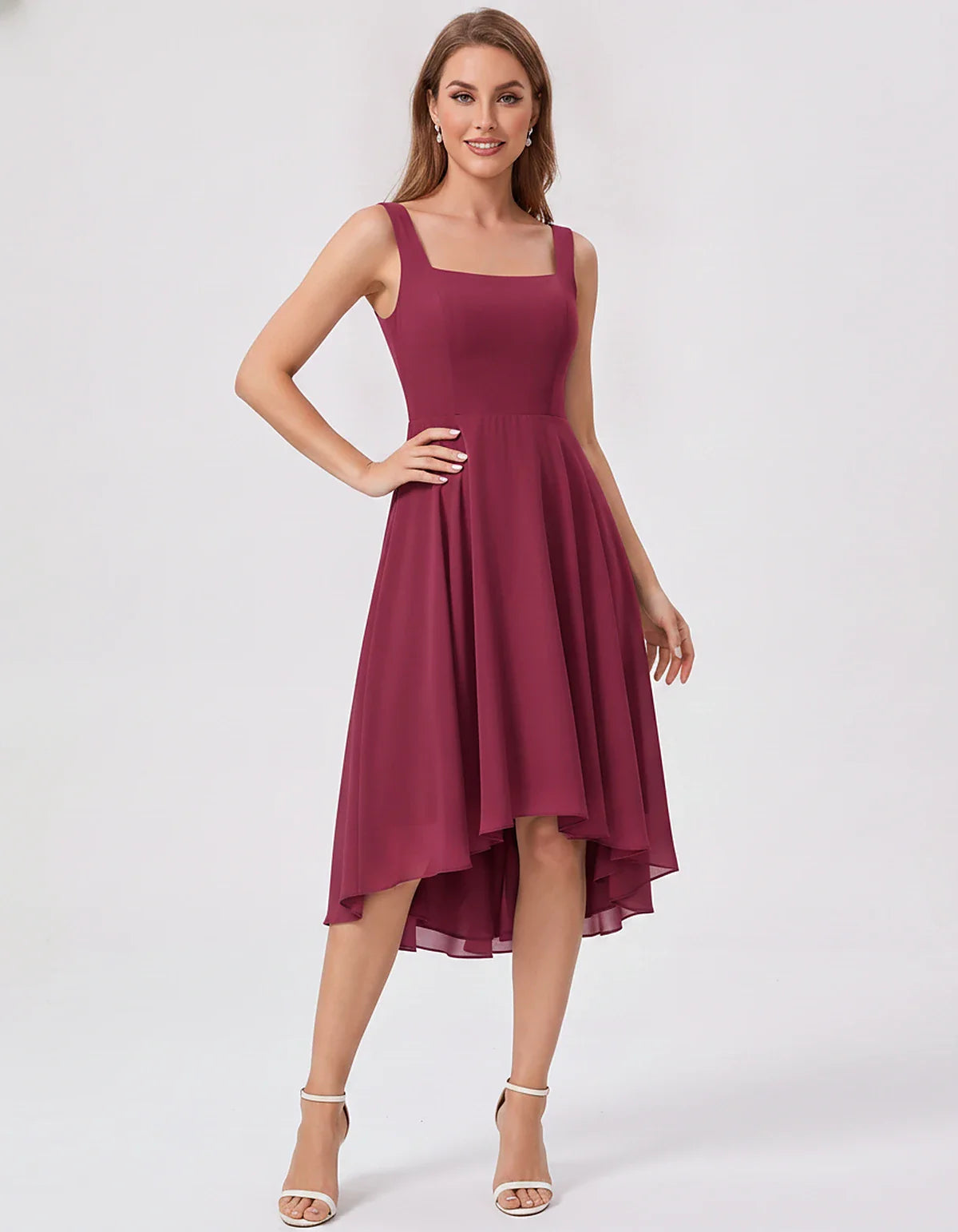 Polyester Chiffon Sleeveless Strapless A-Line Midi Dress for Party, Cocktail, Evening, Wedding Guest, Summer Events & Vacatio | SKU: VD-684275913548126-WINE-L,VD-684275913548126-WINE-M,VD-684275913548126-WINE-S,VD-684275913548126-WINE-XL,VD-684275913548126-WINE-XS