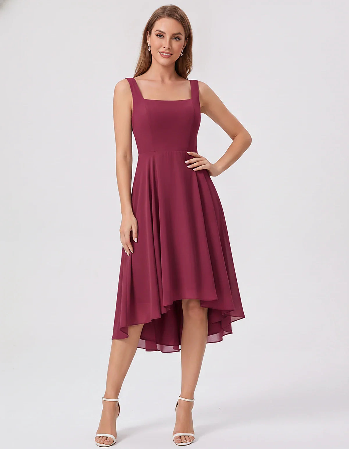 Polyester Chiffon Sleeveless Strapless A-Line Midi Dress for Party, Cocktail, Evening, Wedding Guest, Summer Events & Vacatio | SKU: VD-684275913548126-WINE-L,VD-684275913548126-WINE-M,VD-684275913548126-WINE-S,VD-684275913548126-WINE-XL,VD-684275913548126-WINE-XS