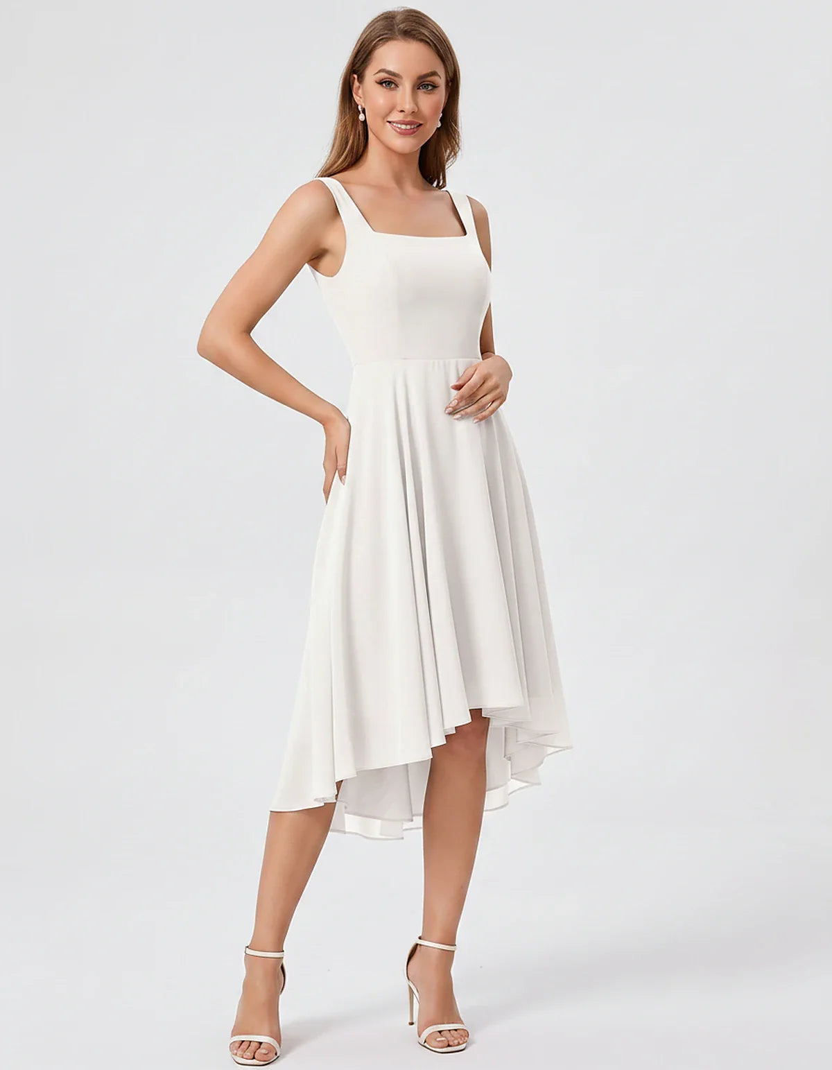 Polyester Chiffon Sleeveless Strapless A-Line Midi Dress for Party, Cocktail, Evening, Wedding Guest, Summer Events & Vacatio | SKU: VD-684275913548126-IVORY-L,VD-684275913548126-IVORY-M,VD-684275913548126-IVORY-S,VD-684275913548126-IVORY-XL,VD-684275913548126-IVORY-XS