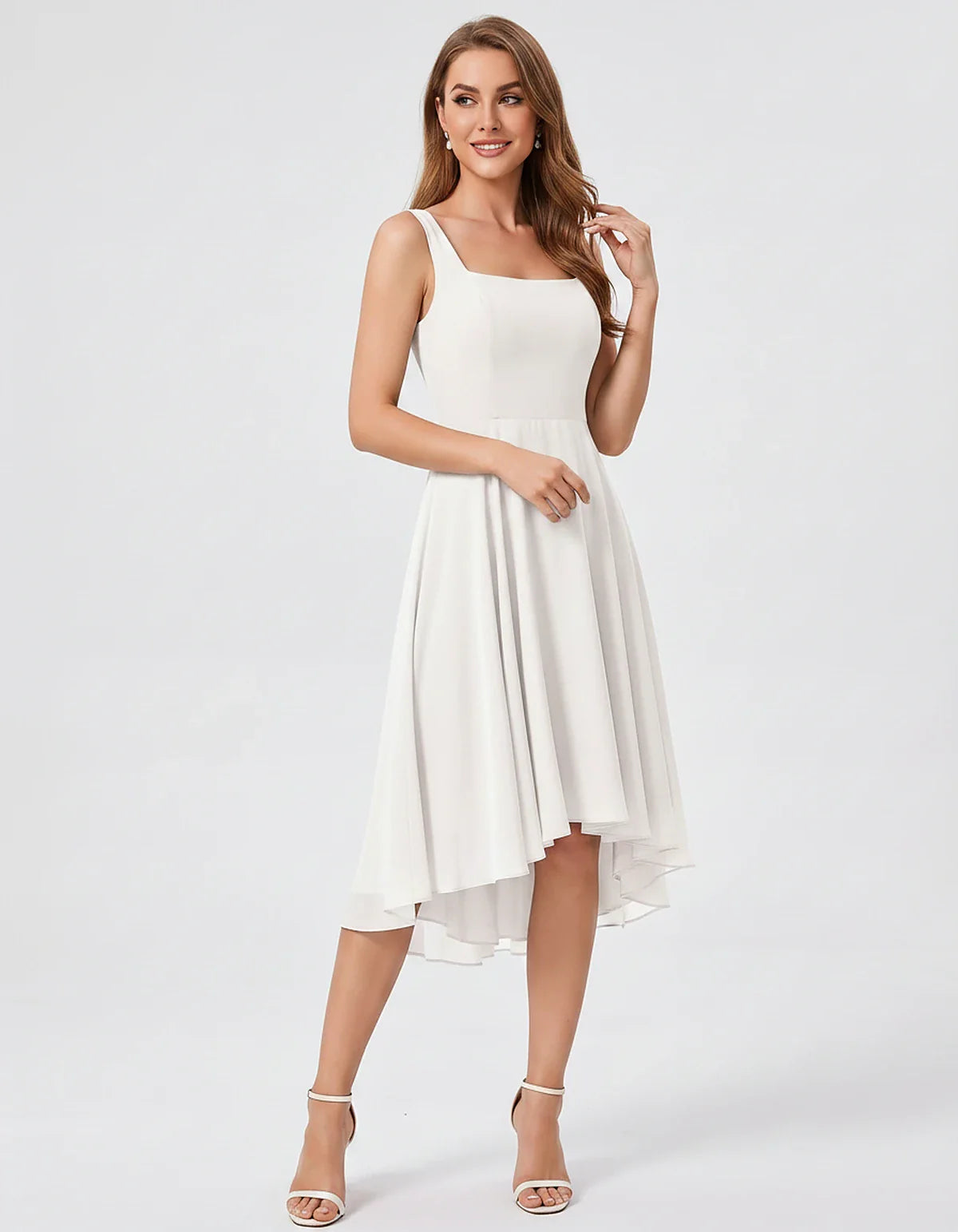 Polyester Chiffon Sleeveless Strapless A-Line Midi Dress for Party, Cocktail, Evening, Wedding Guest, Summer Events & Vacatio | SKU: VD-684275913548126-IVORY-L,VD-684275913548126-IVORY-M,VD-684275913548126-IVORY-S,VD-684275913548126-IVORY-XL,VD-684275913548126-IVORY-XS