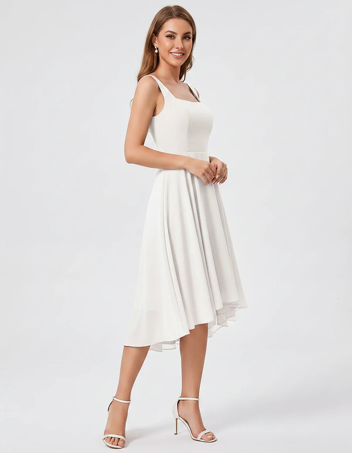 Polyester Chiffon Sleeveless Strapless A-Line Midi Dress for Party, Cocktail, Evening, Wedding Guest, Summer Events & Vacatio | SKU: VD-684275913548126-IVORY-L,VD-684275913548126-IVORY-M,VD-684275913548126-IVORY-S,VD-684275913548126-IVORY-XL,VD-684275913548126-IVORY-XS