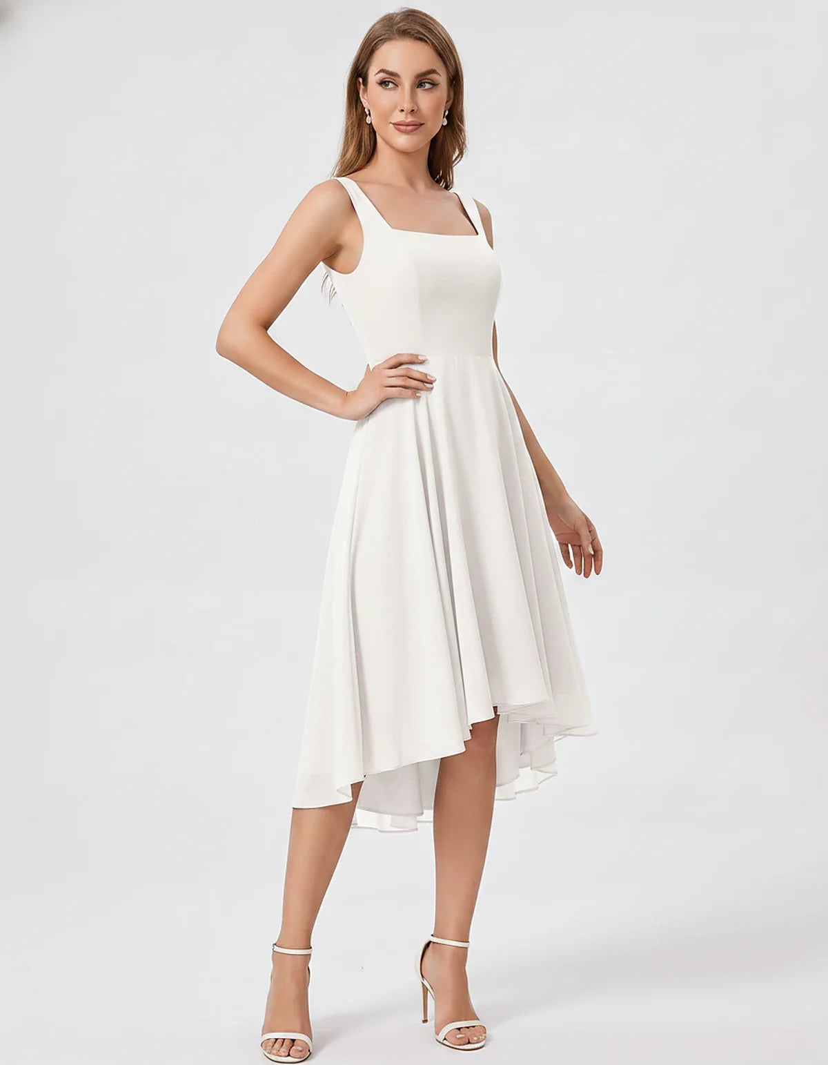 Polyester Chiffon Sleeveless Strapless A-Line Midi Dress for Party, Cocktail, Evening, Wedding Guest, Summer Events & Vacatio | SKU: VD-684275913548126-IVORY-L,VD-684275913548126-IVORY-M,VD-684275913548126-IVORY-S,VD-684275913548126-IVORY-XL,VD-684275913548126-IVORY-XS