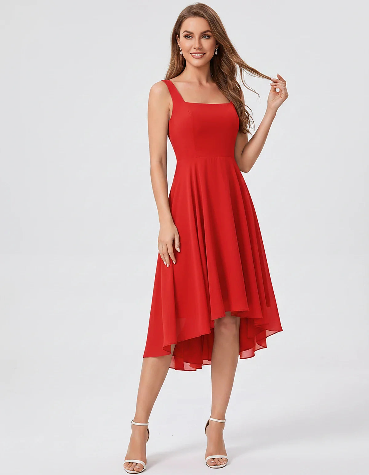 Polyester Chiffon Sleeveless Strapless A-Line Midi Dress for Party, Cocktail, Evening, Wedding Guest, Summer Events & Vacatio | SKU: VD-684275913548126-RED-L,VD-684275913548126-RED-M,VD-684275913548126-RED-S,VD-684275913548126-RED-XL,VD-684275913548126-RED-XS
