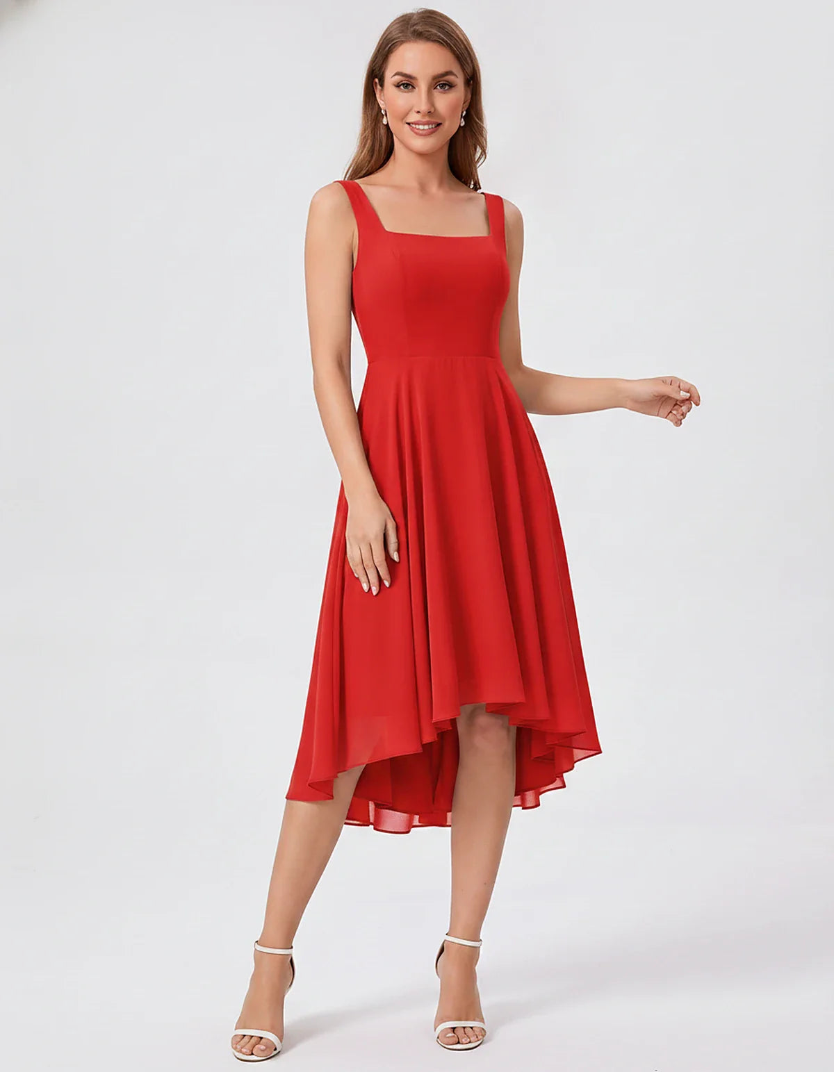 Polyester Chiffon Sleeveless Strapless A-Line Midi Dress for Party, Cocktail, Evening, Wedding Guest, Summer Events & Vacatio | SKU: VD-684275913548126-RED-L,VD-684275913548126-RED-M,VD-684275913548126-RED-S,VD-684275913548126-RED-XL,VD-684275913548126-RED-XS