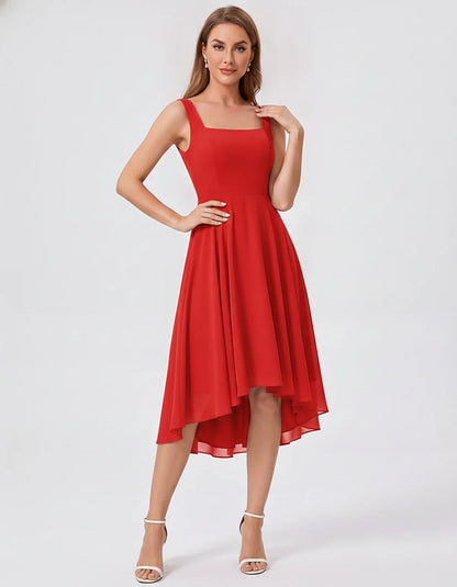 Polyester Chiffon Sleeveless Strapless A-Line Midi Dress for Party, Cocktail, Evening, Wedding Guest, Summer Events & Vacatio | SKU: VD-684275913548126-RED-L,VD-684275913548126-RED-M,VD-684275913548126-RED-S,VD-684275913548126-RED-XL,VD-684275913548126-RED-XS