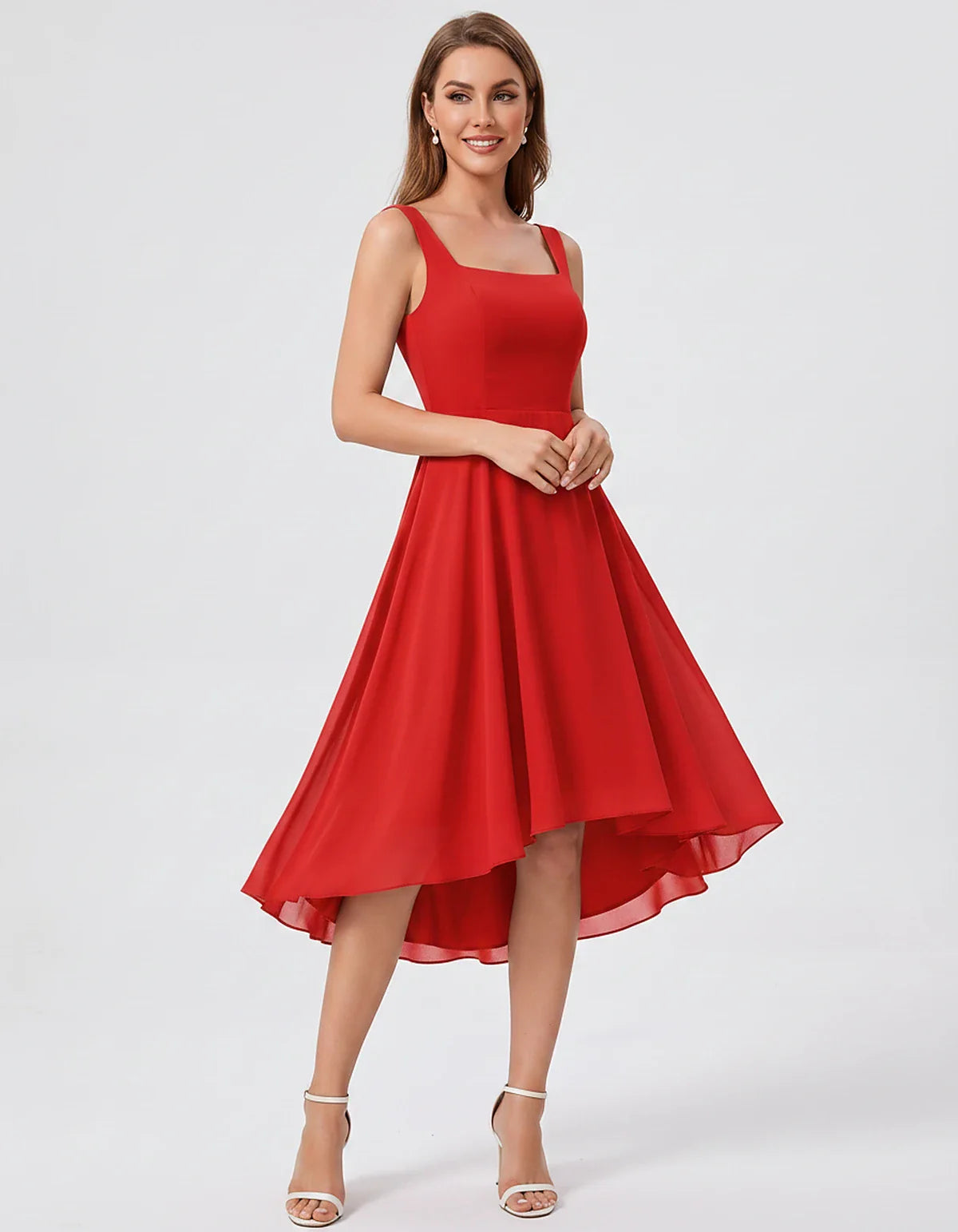 Polyester Chiffon Sleeveless Strapless A-Line Midi Dress for Party, Cocktail, Evening, Wedding Guest, Summer Events & Vacatio | SKU: VD-684275913548126-RED-L,VD-684275913548126-RED-M,VD-684275913548126-RED-S,VD-684275913548126-RED-XL,VD-684275913548126-RED-XS