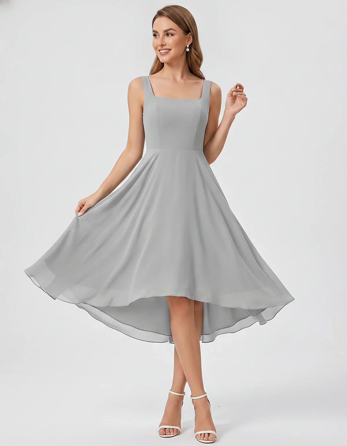 Polyester Chiffon Sleeveless Strapless A-Line Midi Dress for Party, Cocktail, Evening, Wedding Guest, Summer Events & Vacatio | SKU: VD-684275913548126-SILVER-L,VD-684275913548126-SILVER-M,VD-684275913548126-SILVER-S,VD-684275913548126-SILVER-XL,VD-684275913548126-SILVER-XS