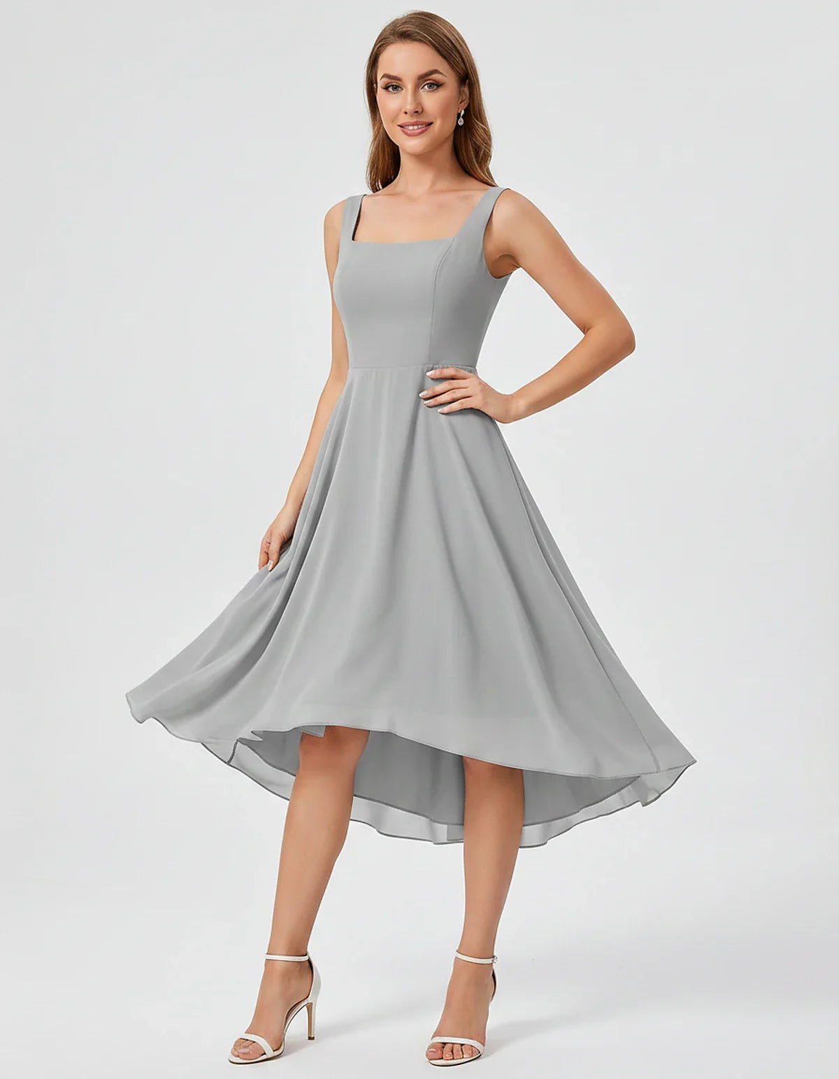 Polyester Chiffon Sleeveless Strapless A-Line Midi Dress for Party, Cocktail, Evening, Wedding Guest, Summer Events & Vacatio | SKU: VD-684275913548126-SILVER-L,VD-684275913548126-SILVER-M,VD-684275913548126-SILVER-S,VD-684275913548126-SILVER-XL,VD-684275913548126-SILVER-XS