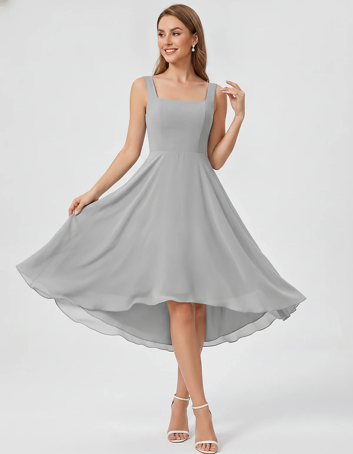 Polyester Chiffon Sleeveless Strapless A-Line Midi Dress for Party, Cocktail, Evening, Wedding Guest, Summer Events & Vacatio | SKU: VD-684275913548126-SILVER-L,VD-684275913548126-SILVER-M,VD-684275913548126-SILVER-S,VD-684275913548126-SILVER-XL,VD-684275913548126-SILVER-XS