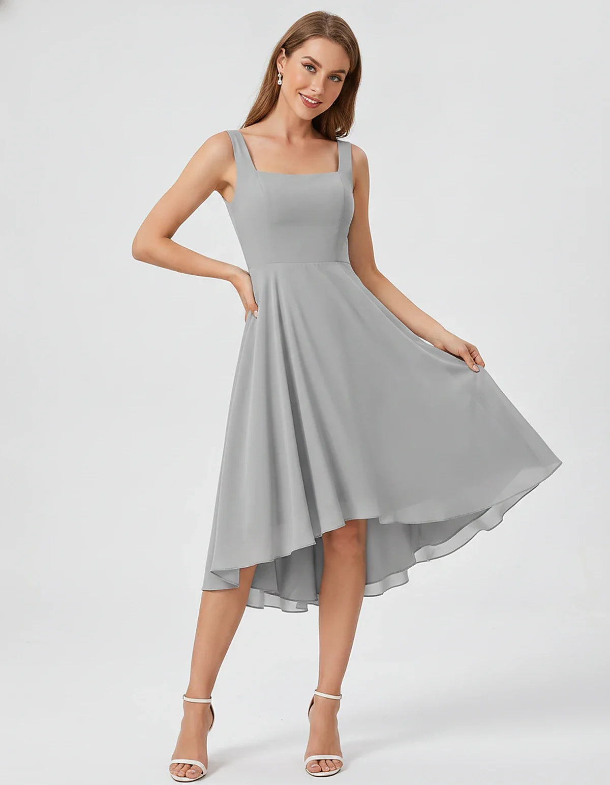 Polyester Chiffon Sleeveless Strapless A-Line Midi Dress for Party, Cocktail, Evening, Wedding Guest, Summer Events & Vacatio | SKU: VD-684275913548126-SILVER-L,VD-684275913548126-SILVER-M,VD-684275913548126-SILVER-S,VD-684275913548126-SILVER-XL,VD-684275913548126-SILVER-XS